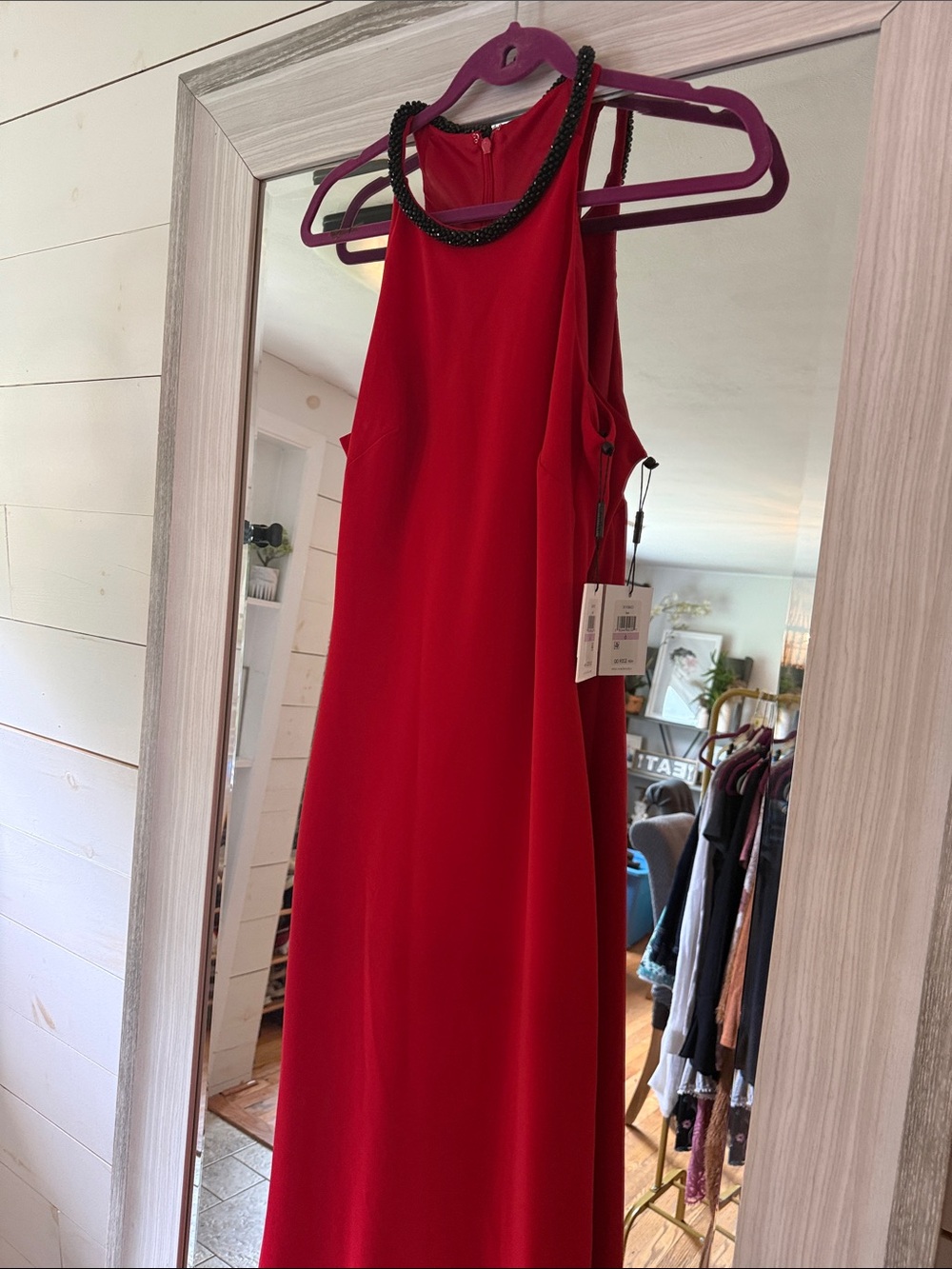 Calvin Klein Red Halter Maxi Dress with Beaded Neckline - Picture 8 of 12